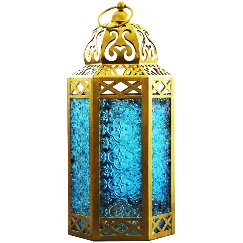 VELA LANTERNS 12" Gold Metal Moroccan Decorative Candle Lantern Holder for Hanging or Table Centerpieces, Exotic Indoor Home Decor, Outdoor Patio or Porch, Weddings, Ramadan, Blue Glass, Large - Image 1